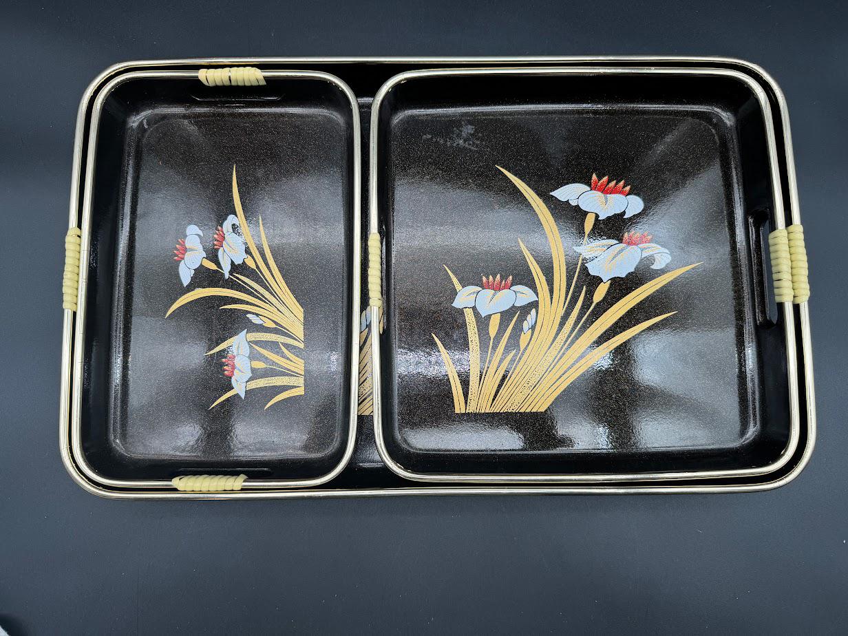 Vintage Japanese Lacquerware Tray Set – Three Dark Brown & Gold
