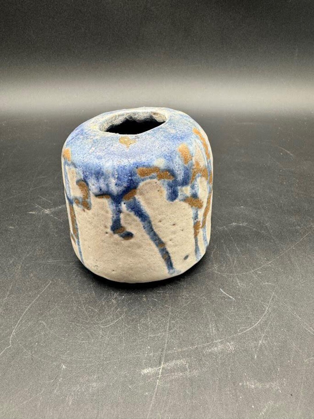 Signed Studio Pottery Bud Vase – Blue Drip Glaze Ceramic (4") - Etsy