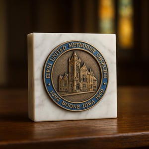 Könnte beinhalten: Quadratische Marmorplakette mit einem Bronzemedaillon. Das Medaillon zeigt eine detaillierte Illustration eines Kirchengebäudes, umgeben von dem Text "First United Methodist Church 1893 Boone, Iowa 1960."