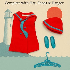 &quot;Vintage Franziska &quot;&quot;Land Ho!&quot;&quot;&quot; Outfit #1220 (1965–1966) – Komplett mit Hut, Schuhen & Kleiderbügel