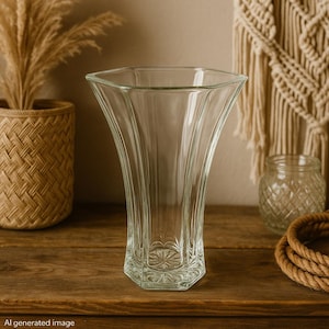 Puede incluir: Un jarrón de vidrio transparente con una base hexagonal y un diseño acampanado y acanalado. El jarrón tiene una abertura ancha y está hecho de vidrio transparente. El jarrón está sobre una superficie de madera.