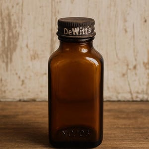 May include: A brown glass bottle with a metal cap, featuring the text "DeWitt's" on the cap. The bottle has a rectangular shape and is set on a wooden surface. The base of the bottle is marked with the text "No.103".