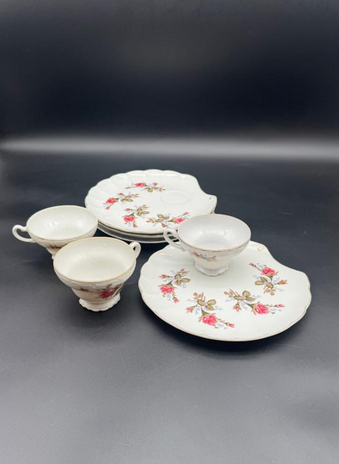 Vintage Japan Rose Snack Set – 4 Plates & 3 Cups – Pink Floral