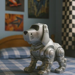 Zabawka dla psa Vintage Tekno Robotic Puppy – srebrny interaktywny robot-pies z kontrolerem kości – zabawka technologiczna z lat 2000. – wydaje sygnał dźwiękowy po włączeniu