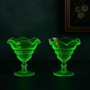 Vintage Vaseline Glass Dessert Cups – Glows Under UV – Ruffled Depression Glass Pair