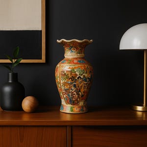 May include: A decorative ceramic vase with a ruffled rim, featuring a detailed painted scene with figures in a landscape. The vase has a cream base with orange, blue, and green accents. The vase is approximately 12 inches tall.