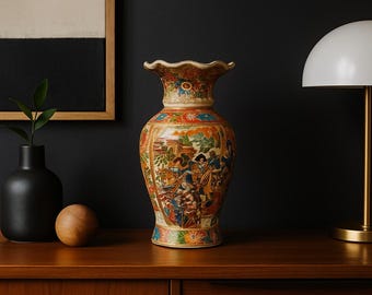 Vintage Moriage Vase – Hand-Painted Satsuma-Style Gold Gilt Oriental Decor