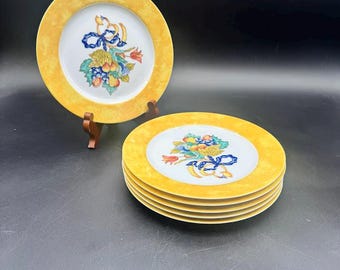 Set of 6 Bernardaud Limoges Plates – Yellow Rim Floral China