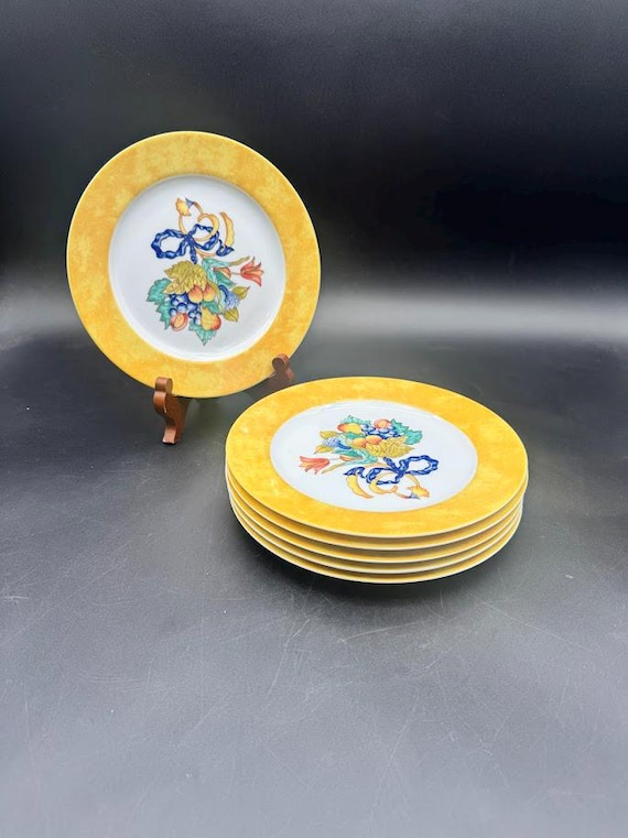 Set of 6 Bernardaud Limoges Plates – Yellow Rim Floral China
