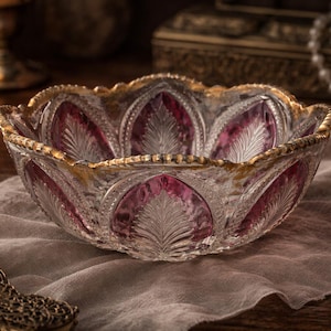 May include: A clear glass bowl with a gold rim and pink accents. The bowl has a detailed, cut-glass design with a scalloped edge. The bowl is sitting on a light-colored cloth, with a pearl necklace in the foreground.