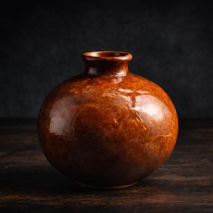 May include: A round, brown ceramic vase with a narrow neck. The vase has a glossy finish and sits on a dark wooden surface. The background is a dark, textured wall.