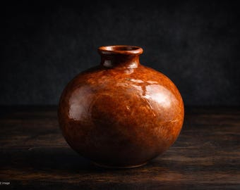 Signed Studio Pottery Vase – Carrie Hirsch – Burnt Orange Rust Glaze – Hand Thrown Ceramic – Sculptural Round Art Vase