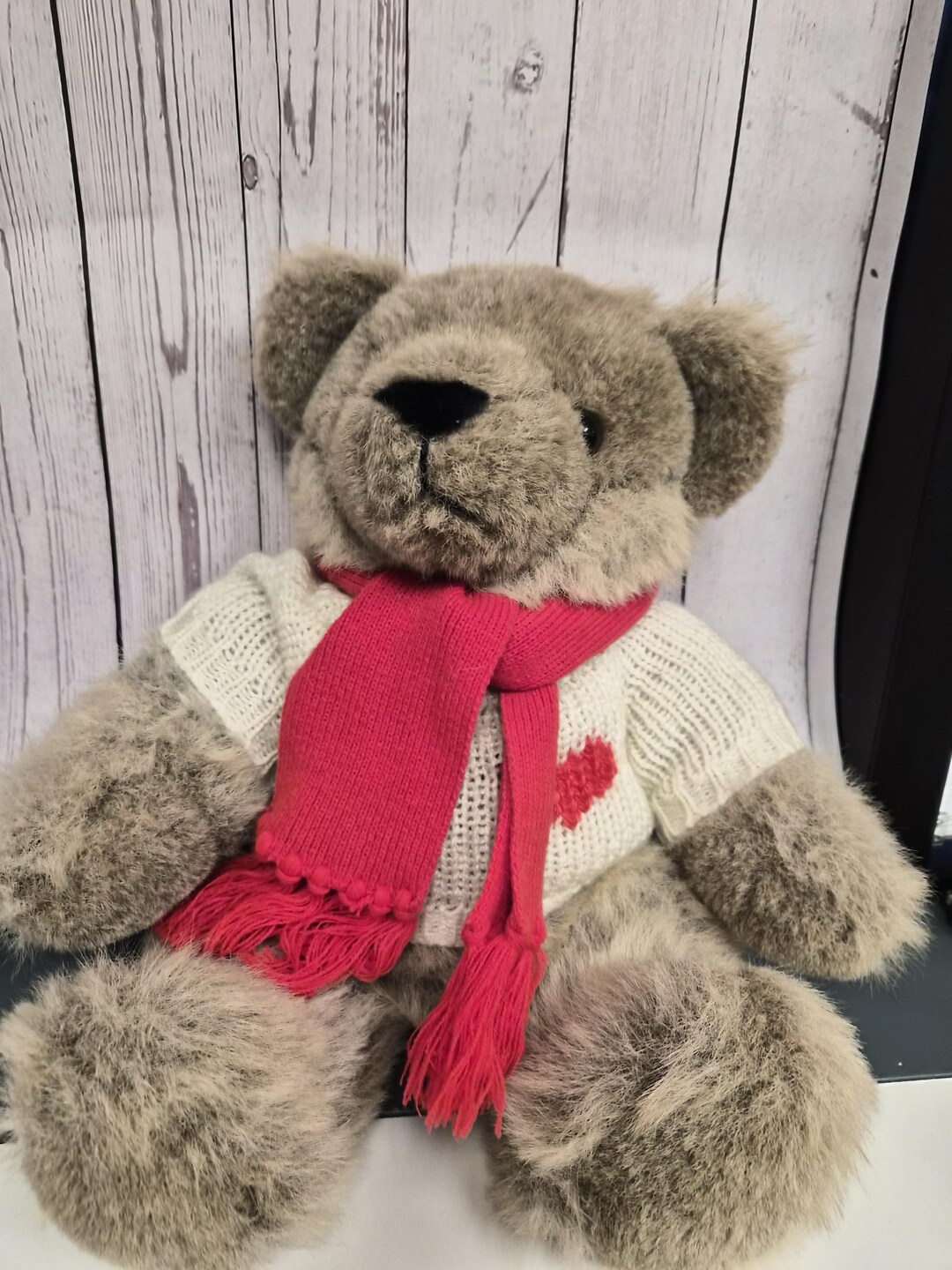 Vintage Plush Teddy Bear – 1990s Knit Sweater, Red Scarf - Etsy