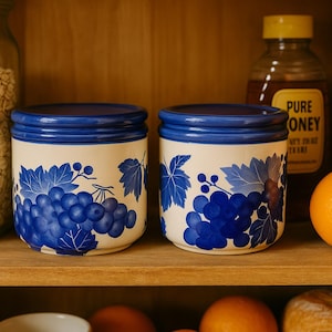 Set of 2 Hand-Painted Blue Grape Canisters by DesignPac – Ceramic Kitchen Storage Jars with Lids