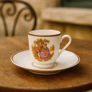 Vintage Limoges France Demitasse Cup & Saucer – Romantic Courting Scene – Gold Trim – Mid-Century