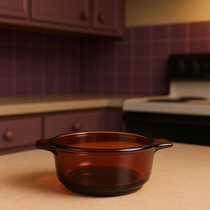 Puede incluir: Una fuente de vidrio transparente de color ámbar con dos asas. El plato está sobre una encimera beige en una cocina. El fondo incluye armarios de color púrpura oscuro y una estufa.