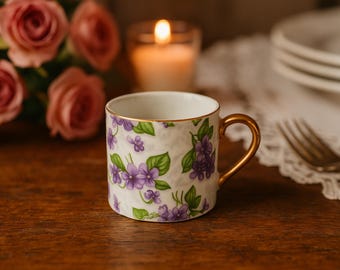 Vintage Violet Floral Demitasse Cup – Gold Handle Porcelain Espresso Cup – Cottagecore Tea Party Decor