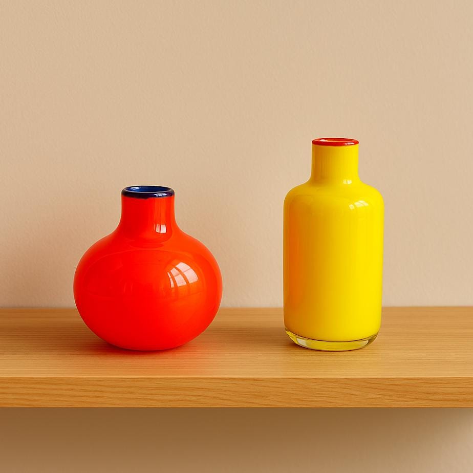 Set of 2 Hand-Blown Modern Art Glass Bud Vases | Bright Red & Yellow Studio Glass with Cased Rims | Minimalist Color Block Decor