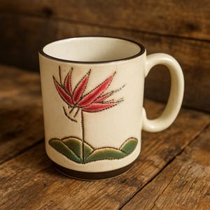 Puede incluir: Taza de cerámica color crema con borde y asa marrones. La taza presenta un diseño floral rojo y negro con hojas verdes. La taza está sobre una superficie de madera.