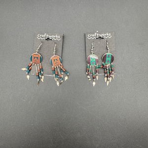 Boucles d'oreilles pendantes vintage Craftworks - Style folklorique du Sud-Ouest | Jeu de 2 paires sur cartes originales | Bijoux bohèmes des années 80-90