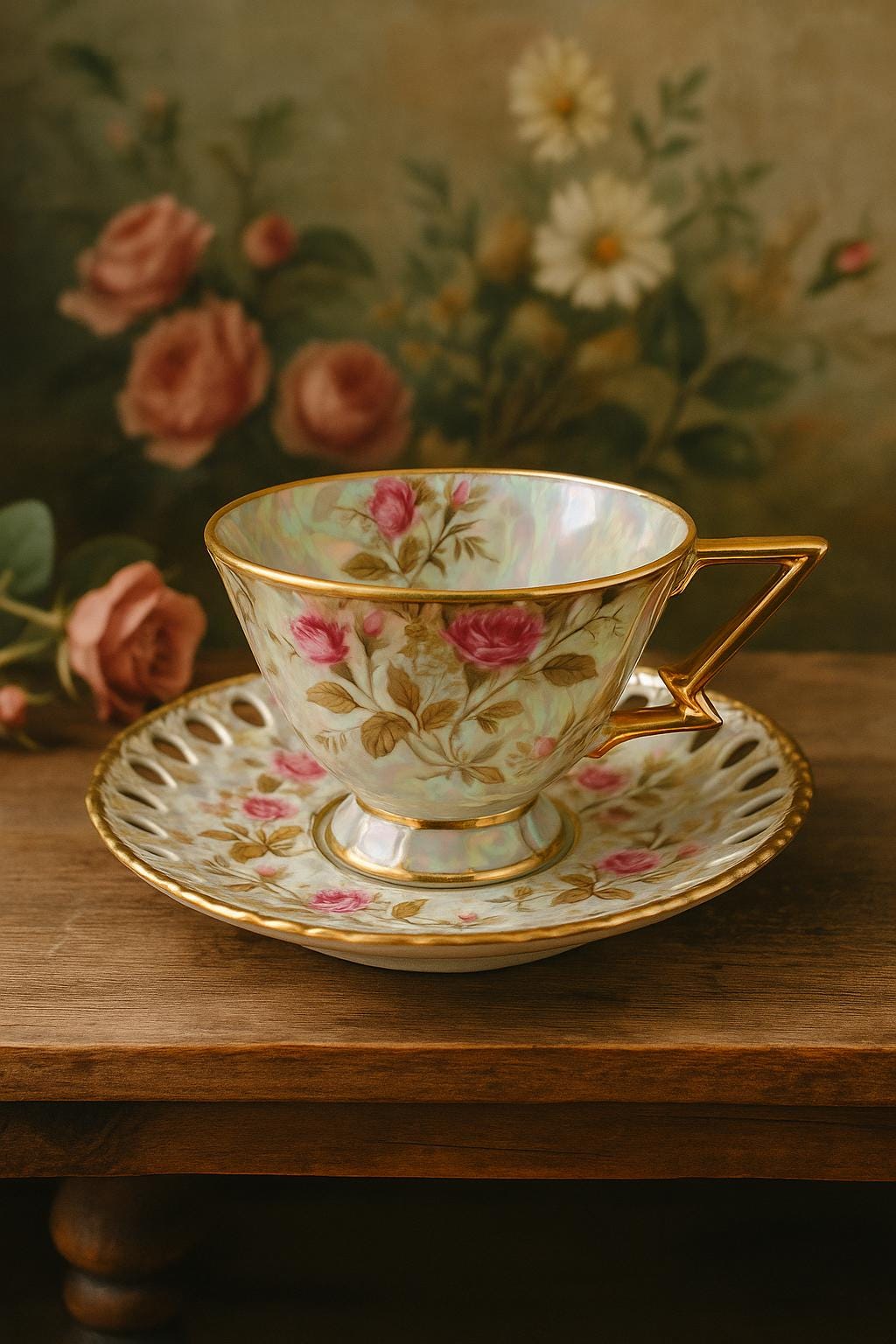 ヴィンテージブローチ ＆ カットガラス ルース Vintage Lusterware Teacup and Saucer – Pink Roses With Gold