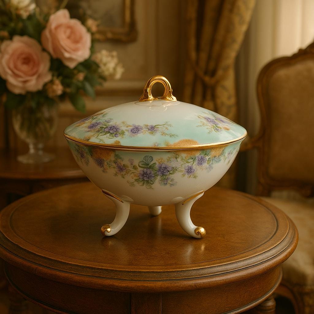 Vintage Lefton China Covered Dish – Hand-painted Violets, Gold