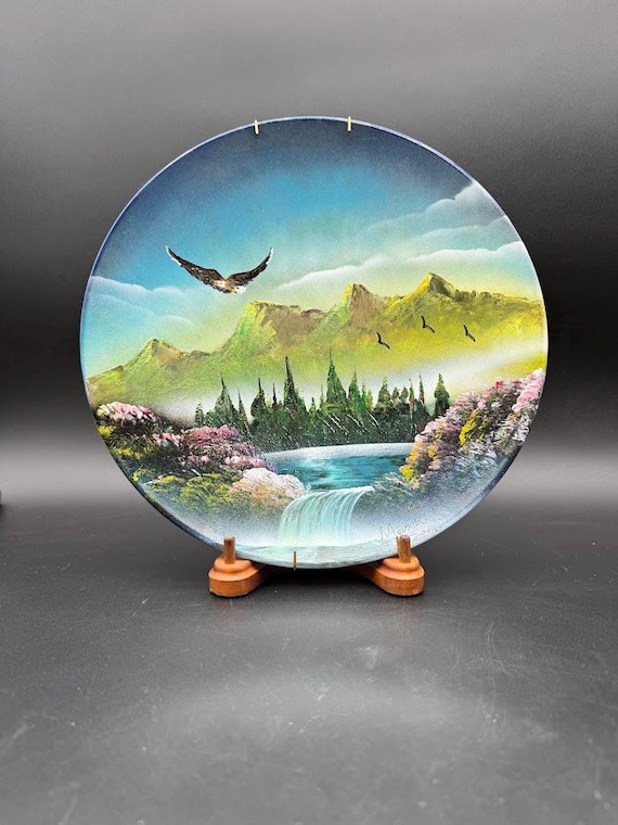 S349 ヨルゲンセン＆モルヒ ガラスプレート 25cm デンマーク アート Hand-painted Mountain Landscape Plate – Mexican Eagle Waterfall