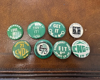 Vintage National Engineers Week Pinback Buttons Set – Green Engineering Slogans – Mid-Century Science & Tech Collectibles