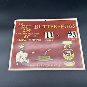 Vintage KC Baking Powder Price Sign – Rotating Butter & Egg Display, Jaques MFG Co., 1930s Advertising Store Decor