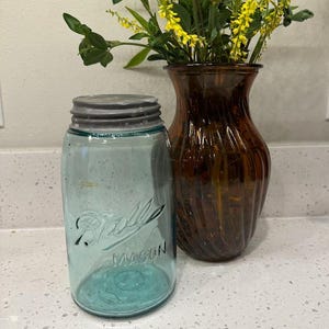 Antique Ball Mason Jar with Zinc Lid – Aqua Blue Glass Canning Jar – Early 1900s Kitchen Pantry Decor – Rustic Farmhouse Charm