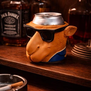 May include: A novelty can cooler shaped like a camel's head, wearing sunglasses and a blue collar. The cooler holds a silver can. The background includes bottles of liquor and an ashtray with a cigarette.