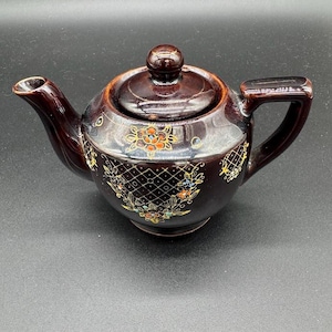Vintage Japanese Teapot with Floral Lattice | Brown Mid-Century Stoneware Tea Pot with Lid | Made in Japan