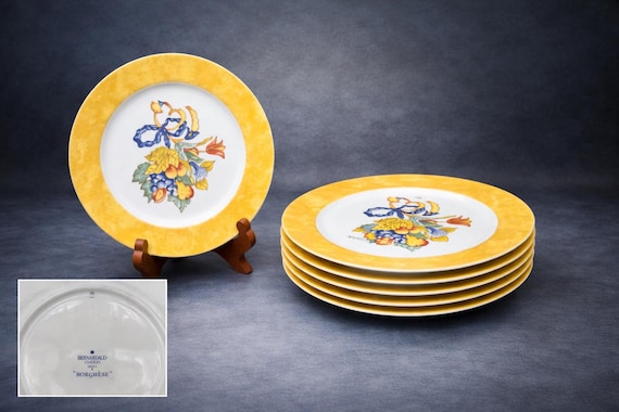 Set of 6 Bernardaud Limoges Plates – Yellow Rim Floral China