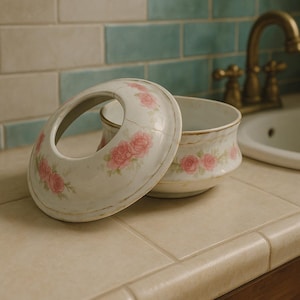 Op de afbeelding: Een witte keramische container met een deksel, versierd met roze rozen. Het deksel is open en onthult de binnenkant. De container heeft een gouden rand en staat op een betegeld oppervlak.