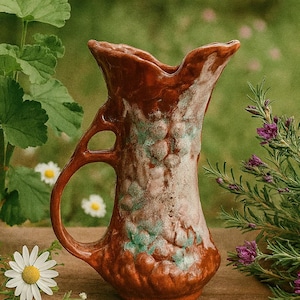 Puede incluir: Una jarra de cerámica artesanal con un diseño único. La jarra presenta un exterior marrón con detalles blancos y verdes. Tiene un asa con una abertura circular y un borde decorativo y ondulado. Es un artículo decorativo.