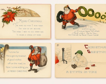 ヴィンテージクリスマスポストカード - サンタ、ポインセチア、子供の絵 - 1910年代～20年代のエフェメラ