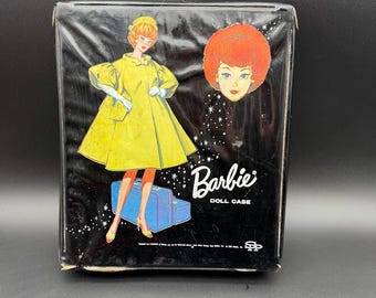 Vintage 1960s Mattel Barbie Doll Case – Black Vinyl Travel Trunk with Barbie Illustration