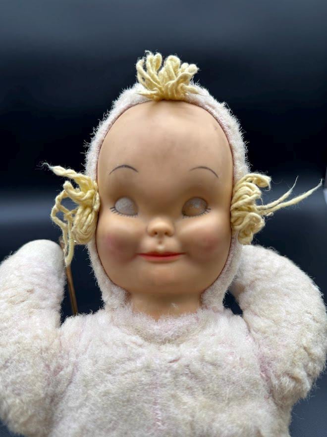 Vintage Knickerbocker Rubber Face Baby Doll, Wind-up Music Box Toy