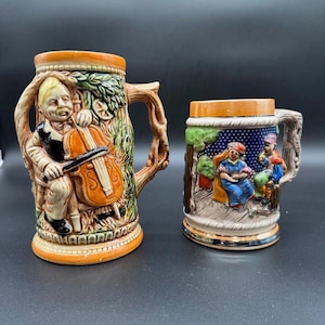 Vintage Japanese Beer Steins – Hand-Painted Ceramic Mugs – Musician & Folk Village Scenes – Made in Japan