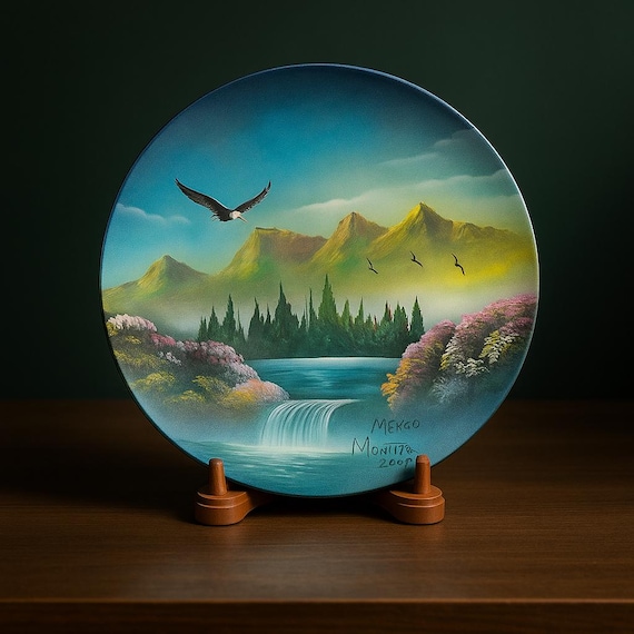 S349 ヨルゲンセン＆モルヒ ガラスプレート 25cm デンマーク アート Hand-painted Mountain Landscape Plate – Mexican Eagle Waterfall