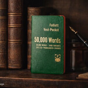 May include: A green Follett Vest-Pocket dictionary titled "50,000 Words" with gold lettering, resting on a wooden shelf next to a row of antique books. A black fountain pen and inkwell are also present.