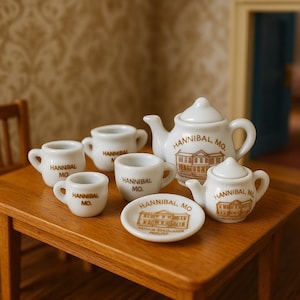 Könnte beinhalten: Ein Miniatur-Teeservice aus weißem Porzellan mit Teekanne, Sahnekännchen, Zuckerdose, Tassen und Untertasse. Jedes Teil ist mit den Worten "Hannibal, MO." und einer braunen Gebäudeillustration verziert.