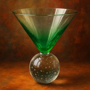 Hand-Blown Art Glass Martini Glass with Green Swirl & Bubble Base | Studio Cocktail Glass with Controlled Bubbles | Barware Collectible