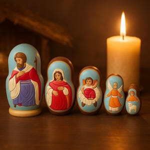 Vintage Russian Nativity Nesting Dolls – Hand-Painted 6-Piece Matryoshka Set (2000, Signed)