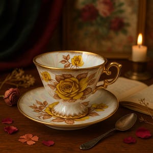 Taza de té y platillo vintage iridiscente con rosa amarilla / Cerámica lustrosa con ribete dorado y asa ornamentada / Taza de té con pedestal de mediados de siglo - Estilo japonés