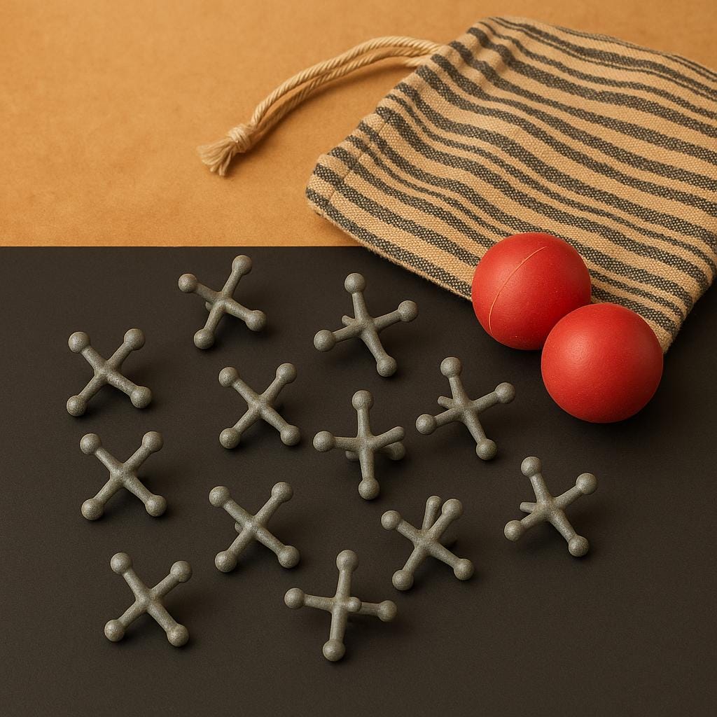 Vintage Metal Jacks Game With Two Red Balls & Striped Cloth Bag