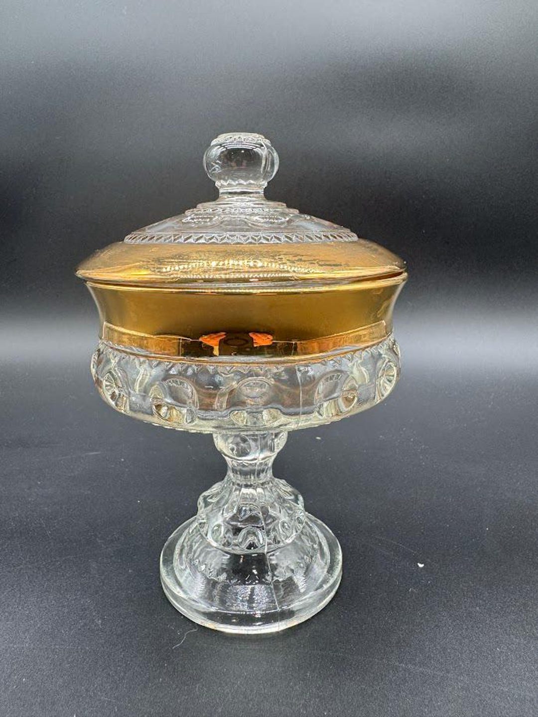 Vintage Glass Compote With Gold Band – Lidded Pedestal Dish – Early ...