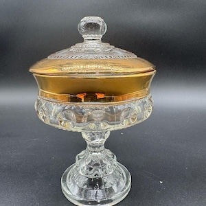 Vintage Glass Compote with Gold Band – Lidded Pedestal Dish – Early American Pattern Glass Style – Antique Candy Dish or Centerpiece