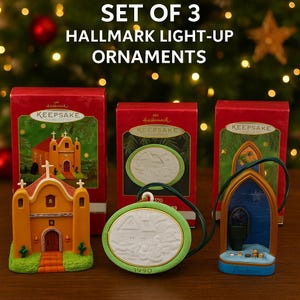 Set of 3 Vintage Hallmark Light-Up Keepsake Ornaments | 1990–1990s Plug-In Church, Nativity, & Holiday Scene with Boxes