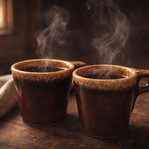 Pode incluir: Duas canecas de cerâmica marrom cheias de líquido escuro, possivelmente café, com vapor subindo. As canecas têm um design texturizado de duas cores e estão sobre uma superfície de madeira. Um pano de cor neutra é parcialmente visível.